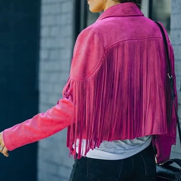 New Womens Cropped Fringe Faux Suede Leather Motorcycle Jackets, Hot Pink - Picture 4 of 6